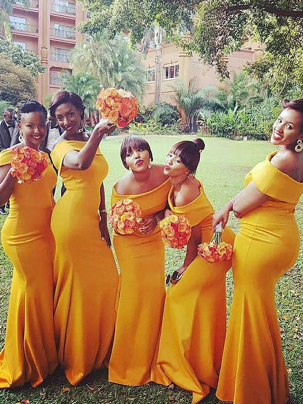 Wholesale Trumpet/Mermaid Sweep/Brush Train Sleeveless Off-the-Shoulder Jersey Bridesmaid Dresses